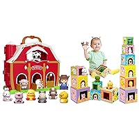 Learning Toys for 1,2,3 Year Old Toddlers, Big Barn Farm Animal Playset+Nesting & Stacking Toy Blocks, Montessori Fine Motor Games, Christmas Birthday Easter Gift for Baby Boys Girls Age 12-18 Months