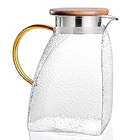 Qiangcui Water Jug, Glass Pitcher Jug with Lid and Crystal Handle, Glass Jug for Milk, Red Wine, Cold Water, Fruit Juice, Hot Coffee, Ice Drinks,Wooden Cover,1.4L (Color : Wooden Cover, Size : 1.4L