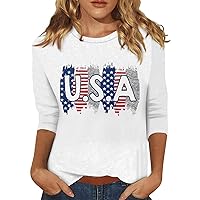 Fourth of July Shirts for Women Summer 3/4 Length Sleeve Tops Fashion Patriotic Flag Graphic Tees Crew Neck Blouses