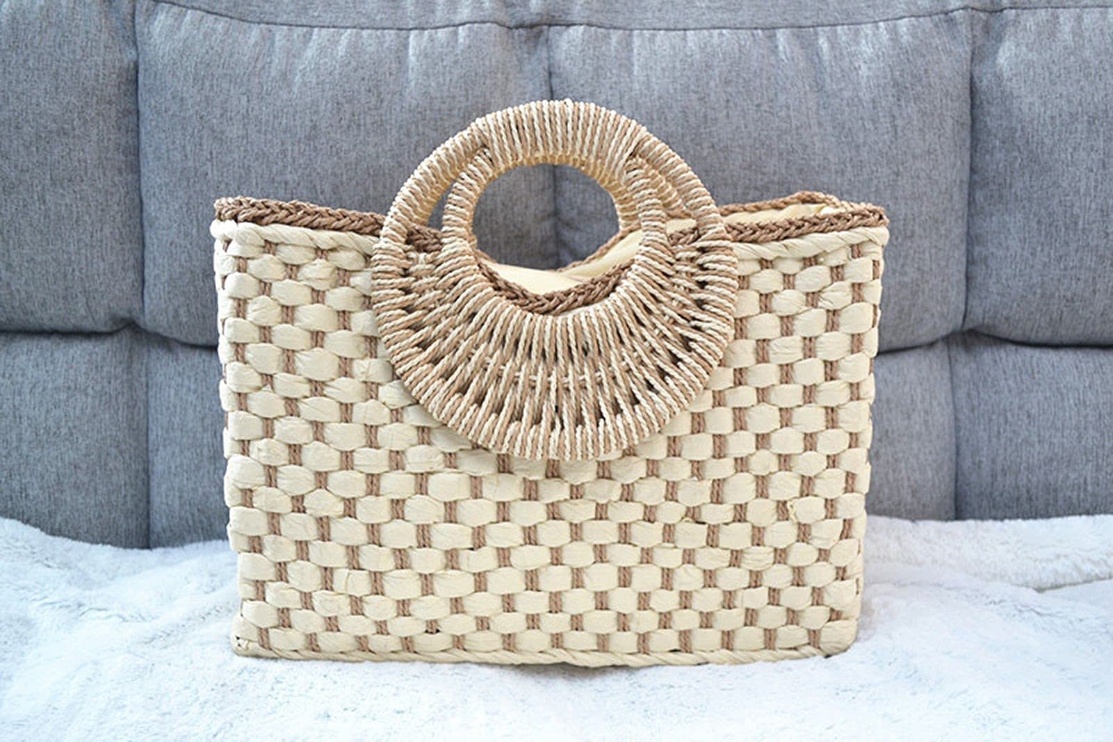 QZUnique Hand-woven Straw Bag Women Summer Beach Handbag Purse Retro Rattan Tote Clutch Travel Bag with Wood Round Top Handle