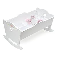 Badger Basket Toy Rocking Doll Bed with White Bedding and Personalization Kit for 20 inch Dolls - White Rose