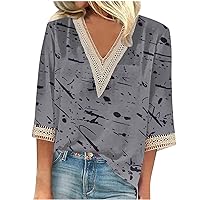 Womens V Neck Lace Blouse 2024 Summer 3/4 Sleeve Tops Tie Dye Dressy Casual Tee Shirts Soft Loose Teacher Shirts