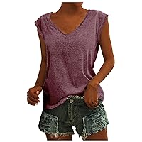 Summer Tops for Women 2024, Cap Sleeve Tank Tops V Neck Print Casual Shirts Loose Fit Basic Blouse
