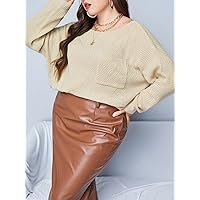 Casual Ladies Comfortable Plus Size Sweater Plus Batwing Sleeve Pocket Patched Sweater Leisure Perfect Comfortable Eye-catching (Color : Khaki, Size : X-Large)