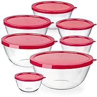Glass Mixing Bowls - Nesting Bowls - Cute Collapsible Glass Bowls with Lids Food Storage - 7 Stackable Microwave Safe Glass Containers - Glass Salad Mixing Bowls - Baking Bowls for Kitchen
