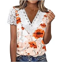 Boho Floral Print Lace Trim Tops for Women Summer 2023 Fashion Short Sleeve v Neck t-Shirt Casual Regular Fit Blouse