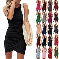 Wedding Guest Dresses for Women Ruched Bodycon Party Summer Dress Solid Pencil Sleeveless Basic Club Mini Dresses