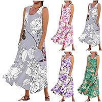 Womens Summer Casual Floral Flowy Maxi Dress Crew Neck Sleeveless U Neck Print Beach Vacation Baggy Long Dresses with Pockets