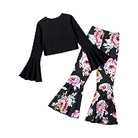 Kids Girls Flared Long Sleeve Top with Floral Print Bell-bottoms Pants Set Solid Color Vintage Casual Outfits