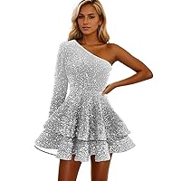 Sequin Homecoming Dresses for Teens One Shoulder Cocktail Dress with Sleeves Short Prom Gown