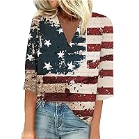 Independent Shirt, Women 3/4 Sleeve Tops American Flag Costume Women Women's 3/4 Sleeve Tshirt Women's Summer Trendy V-Neck Tops 2024 Shirt Print Slim Daily Blouse Loose Tunic (Black,L)