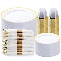 350PCS Gold Plastic Dinnerware Set, Disposable Party Plates for 50 Guests, Include: 100 Plastic Plates, 50 Pre Rolled Napkins with Gold Silverware, 50 Cups