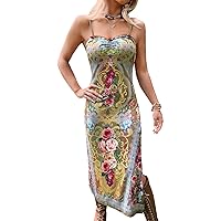 Milumia Women's Oil Floral Painting Medieval Style Cami Dress Split Thigh Fitted Midi Dresses
