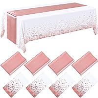 8 Pack White and Rose Gold Disposable Plastic Tablecloths and Satin Table Runner Set, 54 x 108 Inch Tablecloth, 12 x 108 Inch Table Runners for Wedding Graduation Birthday Baby Shower New Year