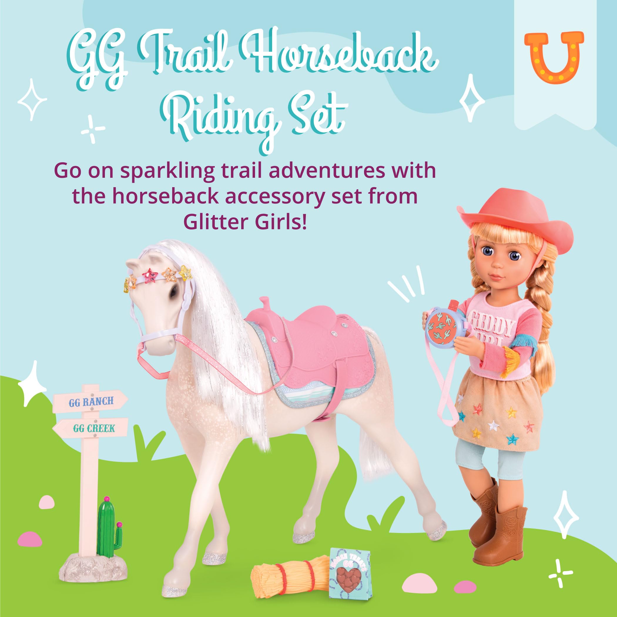 Glitter Girls – Equestrian Trail Set – Saddle, Blanket, Canteen – Trail Sign & Horse Treats – 14-inch Doll Accessories – GG Trail Horseback Riding Set – 3 Years +