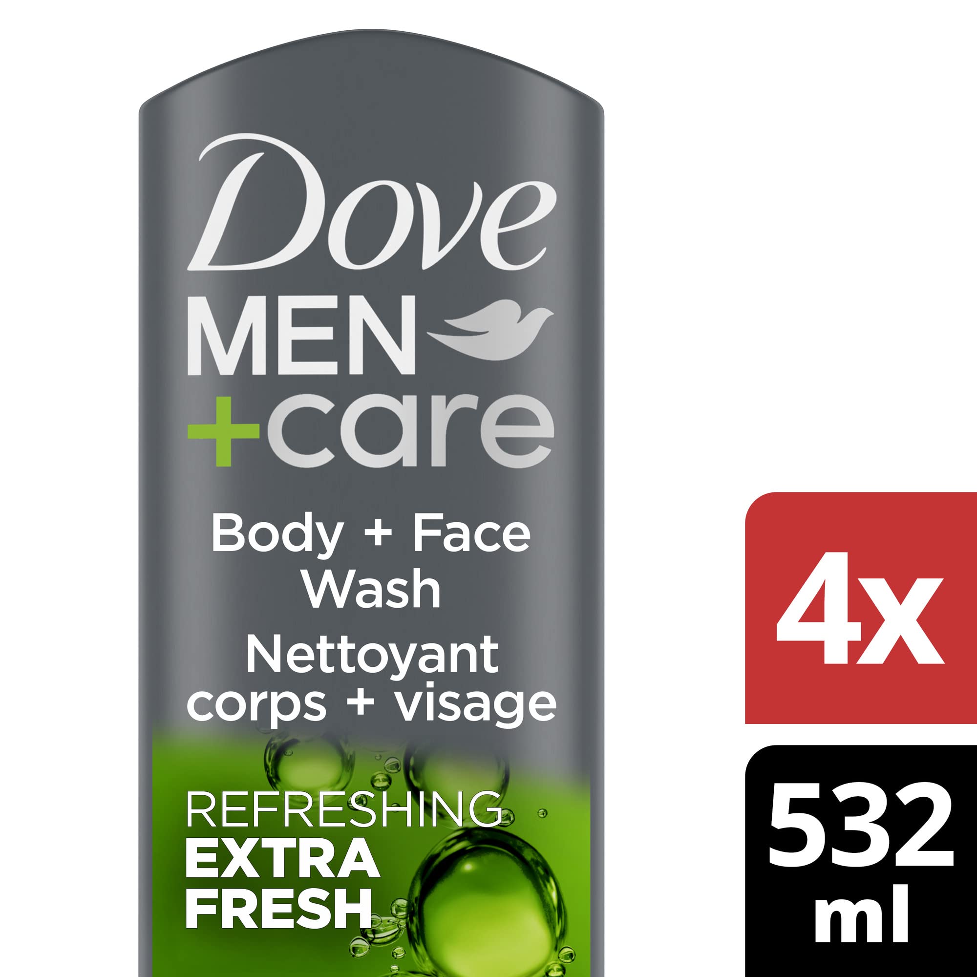 Dove Men+Care Body Wash Extra Fresh for Men's Skin Care Body Wash Effectively Washes Away Bacteria While Nourishing Your Skin, 18 Fl Oz (Pack of 4)