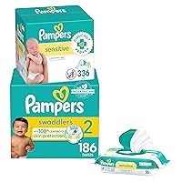 Diapers Size 2, 186 Count and Baby Wipes - Pampers Swaddlers Disposable Baby Diapers and Water Baby Wipes Sensitive Pop-Top Packs, 336 Count (Packaging May Vary)