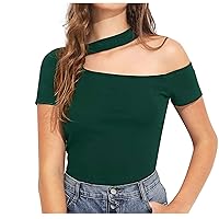 Women's Sexy Cut Out One Shoulder Slim Tops Summer Short Sleeve Cold Shoulder Fashion Fit Asymmetrical T-Shirts