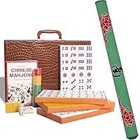 Chinese Mahjong Set, with X-Large 144 Numbered Melamine Yellow Tiles, 2 Spare Tiles, 6 Dice and a Wind Indicator, Carrying Travel Case with English Instruction, Mahjong Mat(Green) 31.5