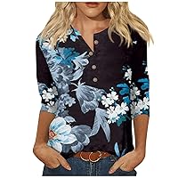 Summer Tops for Women 2024 Trendy Boho Floral Print Tunic Shirts 3/4 Sleeve Button v Neck Tshirt Casual Loose Blouse