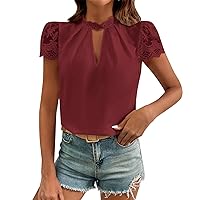 Women Tops Casual, Women's Loose Design Embroidered Mesh Puff Sleeves Keyhole Neckline Pleated Detailed, S XXL