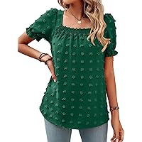 Women's V Neck Flowy Tunic Tops Swiss Dot Short Sleeve Summer T Shirts Loose Fit Babydoll Casual Blouse