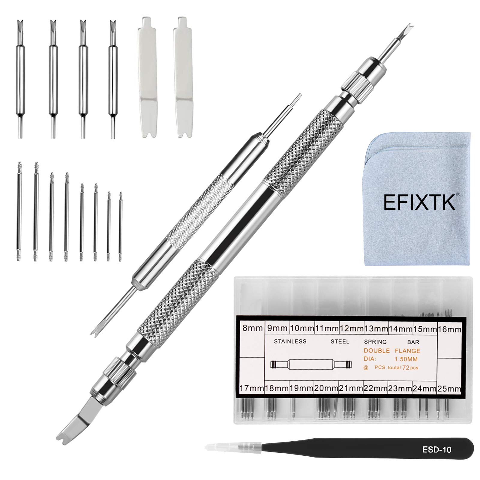 EFIXTK Spring Bar Tool Set with Extra 6 Tips Pins for Watch Wrist Bands Strap Removal Repair Fix Kit,72PCS Extra Watch Pins