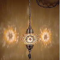 DEMMEX Turkish Moroccan Mosaic Swag Plug in Ceiling Hanging Light Pendant Light Fixture with 15feet Cord Decorated Chain & North American Plug, Handmade (Amber - 6.5