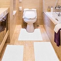 Striped White Bathroom Rug Set 3 Pieces Ultra Soft, Non Slip Chenille Toilet Mat, Absorbent Plush Shaggy Bath Mats for Bathroom, Bedroom, Kitchen, Ivory