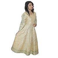 Indian Women Golden Color Cotton Silk Mix Summer Long Dress Casual Floral Print Plus Size (Small)