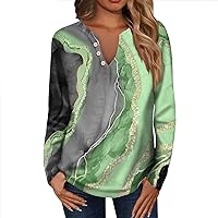 Workout Tops for Women Printing V Neck T Shirts Long Sleeve Button Down Pullover Tops Casual Loose Sweatshirts