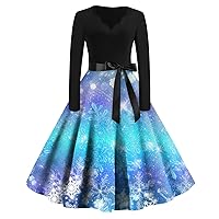 Women's Christmas Dress Funny Long Sleeve Christmas Printed Belted A-Line Dresses Cute Winter Dresses