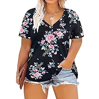 RITERA Plus Size Women's Short Sleeve Shirts Loose Casual V-Neck Floral T-Shirt Tops Flowers Print 2XL