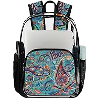 Paisley Flower Teal Clear Backpack Heavy Duty Transparent Bookbag for Women Men See Through PVC Backpack for Security, Work, Sports, Stadium