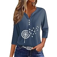 Tops for Women Trendy 2024 Dandelian Print Casual Simple Fashion with Short Sleeve Henry Collar Tunic Shirts