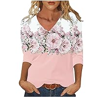 3/4 Length Sleeve Womens Tops Floral Print Three Quarter Sleeve Button Tshirts Trendy V Neck Tunic Shirt Casual Loose Fit Tee