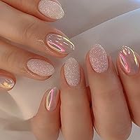 24Pcs Press on Nails Short Aurora Flash Powder Glitter Designs Round Fake Nails Sparkling Gradient Fake Nail with Glue Full Cover Almond Press On False Nails for Women Girls DIY Manicure Decorations