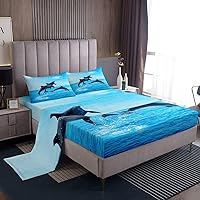 Erosebridal Ocean Dolphin Bed Sheets Set Full, 3D Dolphin Sheet Set, Blue Ocean Sea Wave Bedding, Marine Life Sheets, Soft Cozy Flat Fitted Sheet for Kids Boys Teens Room Decor, 4Pcs