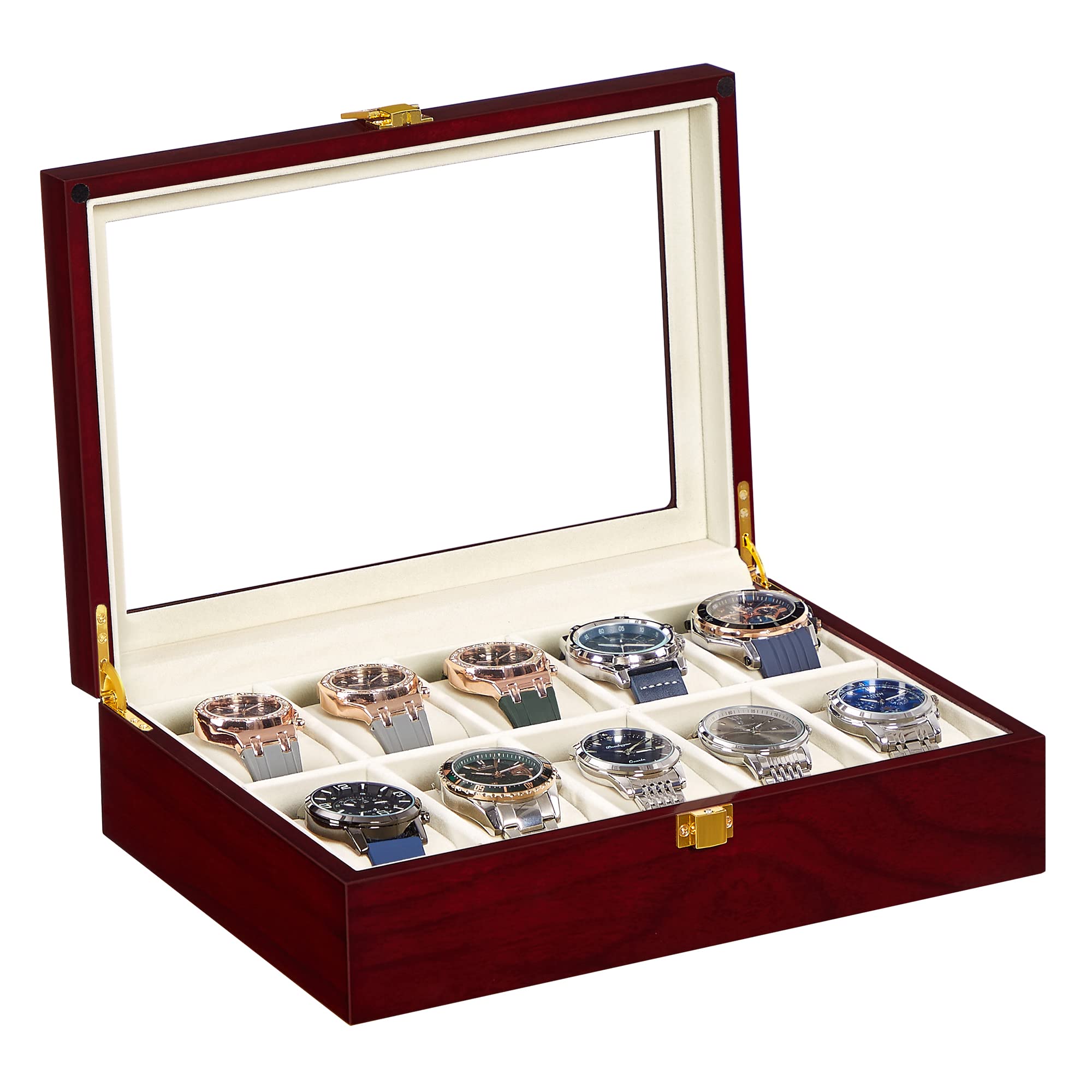 SONGMICS Watch Box, 10-Slot Watch Case with Large Glass Lid, Removable Watch Pillows, Velvet Lining, Watch Box Organizer, Gift for Loved Ones, Cherry Color UJOW10C