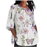 Linen Cotton Floral Shirts Womens 2024 Summer Tops 3/4 Sleeve Crewneck Tee Blouse Dressy Casual Comfy Tunic Boho Beach Tshirt