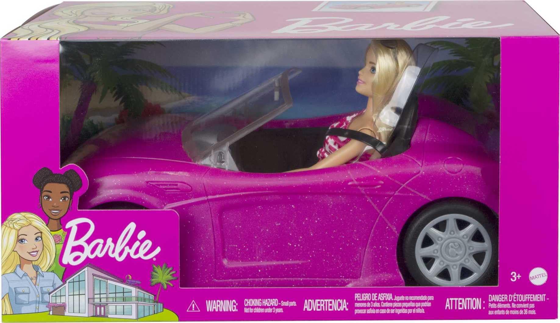 Barbie Car and Doll Set, Sparkly Pink 2-Seater Convertible with Glam Details, Doll in Sundress and Sunglasses (Amazon Exclusive)