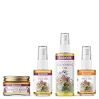 Badger Face Care Bundle - Rose Beauty Balm, Rose Face Cleansing Oil, Rose Antioxidant Face Oil, Seabuckthorn Face Oil - Certified Organic and Moisturizing