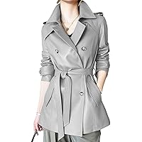 Women’s Orange and 6th More Color Genuine Sheepskin Lapel Collar Business Fashion Double Breasted Belted Leather Trench Coat