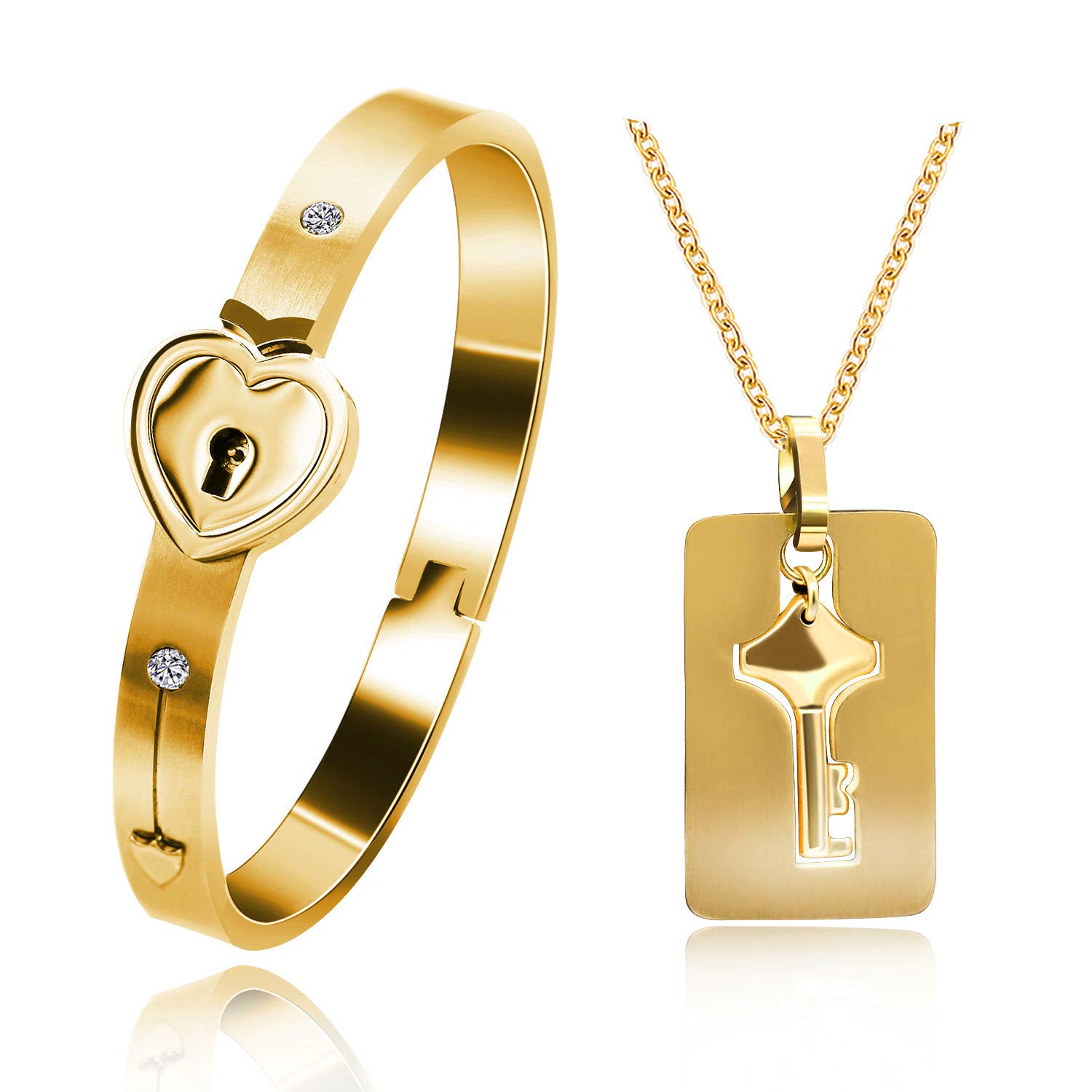 Uloveido Rose Gold Plated Titanium Matching Puzzle Couple Heart Lock Bracelet and Key Pendant Necklace for Men and Women