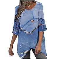 Workout Tops for Women 3/4 Quarter Sleeve Shirt Blouse Striped Stone Print Tee Tunic Asymmetric Fall Summer Cloth