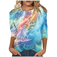 Blouses for Women 2024 Three Quarter Sleeve Round Neck T Shirt Hawaiian Printing Trendy Fashion Beach Tops