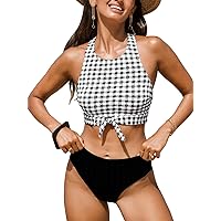 CUPSHE Women's Bikini Sets Two Piece Swimsuit High Neck Knotted Crop Tank Mid Rise Reversible Bottom