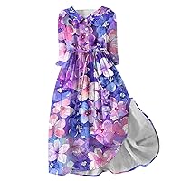 Boho Lace-Up Beach Dress Women Cute Floral Print 3/4 Sleeve Henley Shirt Dress Plus Size Summer Casual A-Line Dress