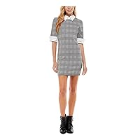 Womens Gray Zippered Houndstooth Elbow Sleeve Point Collar Mini Body Con Dress Juniors L