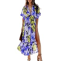 chouyatou Women Flowy Short Sleeve Warp Floral Dress Boho Long Maxi Beach Dress with Split